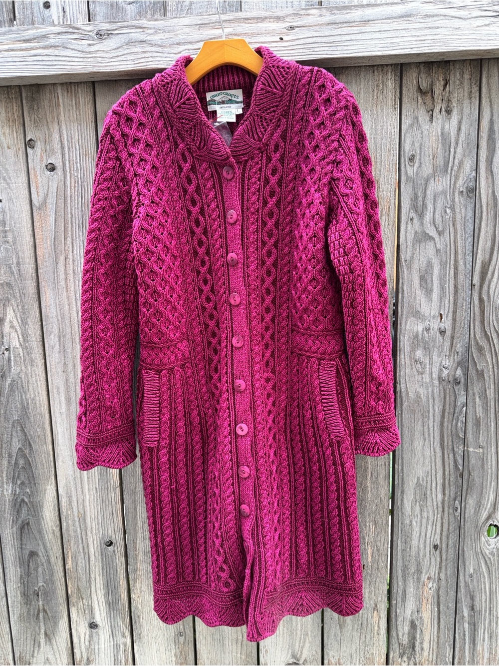 Aran Crafts Merino Wool Long Button Front Cardigan in Berry Size Larger